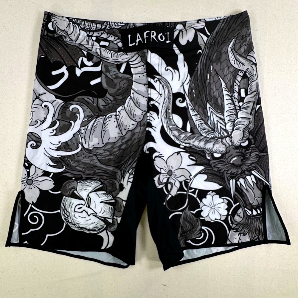 LAFROI Mens Agile MMA Fight Shorts Black White Dragon Print Size Large